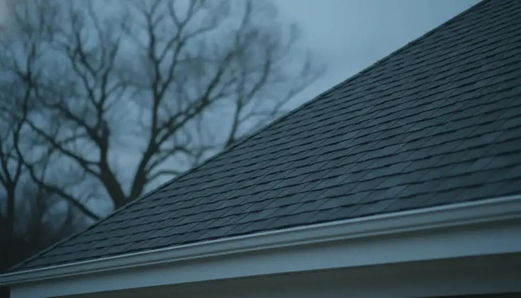 Ridge line of a dark grey architectural shingle roof at dusk